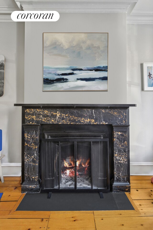 details with baseboards, ornamental molding, wood finished floors, and a premium fireplace