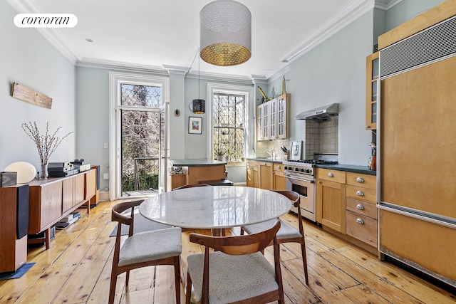 124 Kane St, New York City, NY 11231 - dining area featuring light wood finished floors and crown molding