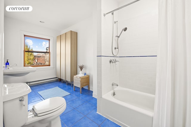 full bathroom featuring tile patterned floors, shower / bathtub combination with curtain, visible vents, a baseboard radiator, and a sink