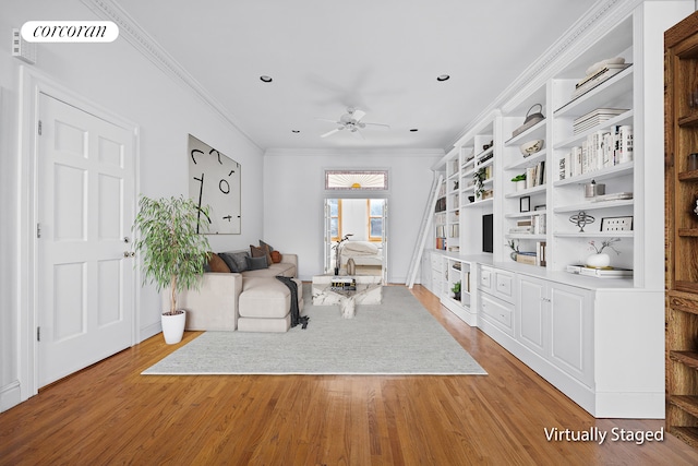 interior space with ornamental molding, recessed lighting, visible vents, ceiling fan, and light wood finished floors