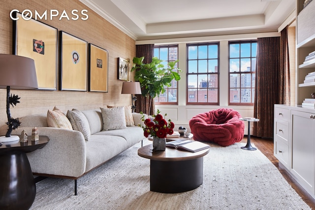 823 Park Ave Ph, Ph, New York City, NY 10021 - living room featuring dark wood finished floors, crown molding, and a tray ceiling
