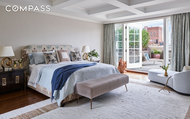 823 Park Ave Ph, Ph, New York City, NY 10021 - bedroom featuring wood finished floors, coffered ceiling, beamed ceiling, ornamental molding, and access to exterior
