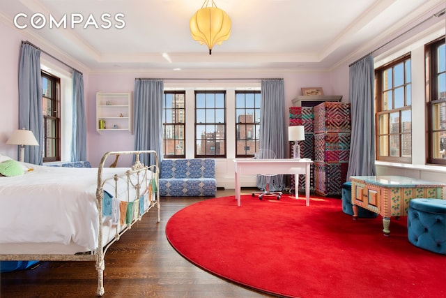 823 Park Ave Ph, Ph, New York City, NY 10021 - bedroom featuring a tray ceiling, multiple windows, wood finished floors, and crown molding