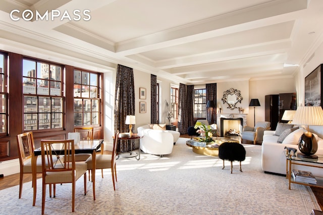 823 Park Ave Ph, Ph, New York City, NY 10021 - living room featuring ornamental molding, beam ceiling, and a fireplace