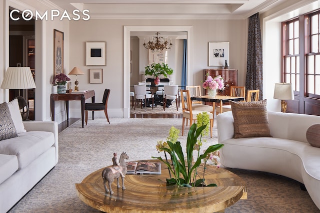 823 Park Ave Ph, Ph, New York City, NY 10021 - living area with a chandelier, crown molding, carpet flooring, and baseboards