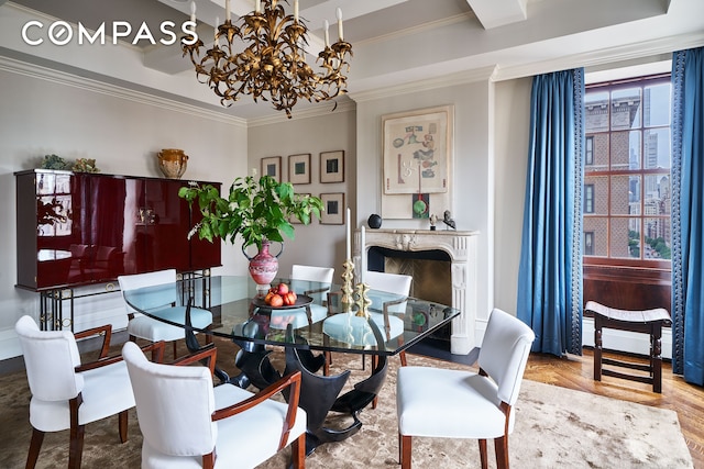 823 Park Ave Ph, Ph, New York City, NY 10021 - dining room with crown molding, a chandelier, and wood finished floors