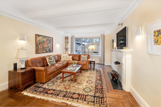 670 W End Ave Unit 5A, New York City, NY 10025 - living area featuring baseboards, a fireplace with flush hearth, and beamed ceiling