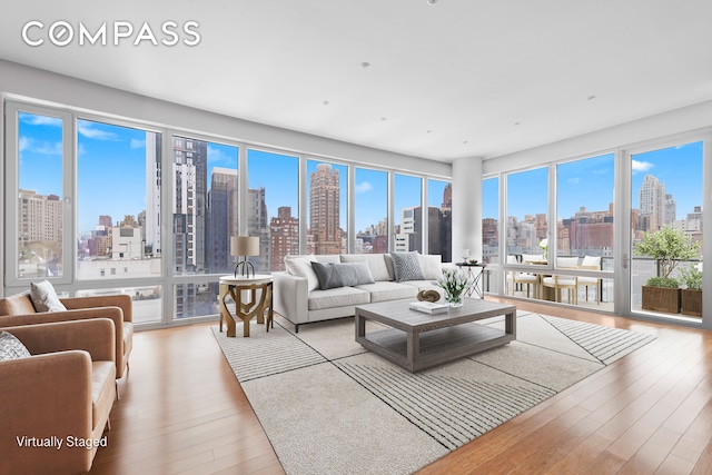 living area with a skyline view and light wood-type flooring