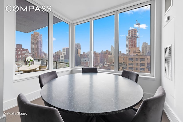 dining area featuring a view of skyline, baseboards, and healthy amount of natural light