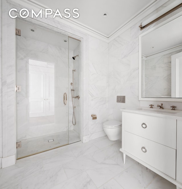 2 Park Pl Unit 35A, New York City, NY 10007 - full bathroom with vanity, a marble finish shower, toilet, ornamental molding, and marble finish flooring
