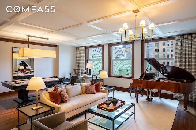 2 Park Pl Unit 35A, New York City, NY 10007 - sitting room with coffered ceiling, healthy amount of natural light, a chandelier, wood finished floors, and baseboards