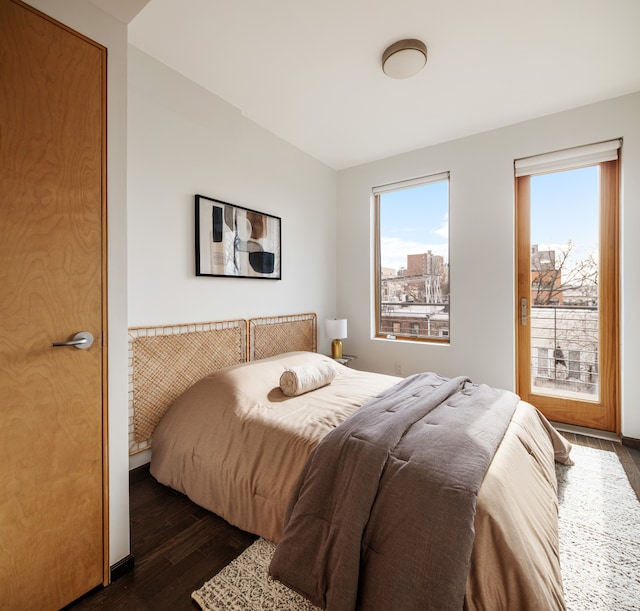 bedroom featuring multiple windows and dark wood-style floors