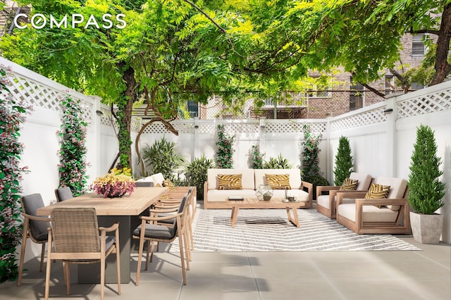 view of patio / terrace featuring outdoor lounge area, outdoor dining area, and a fenced backyard
