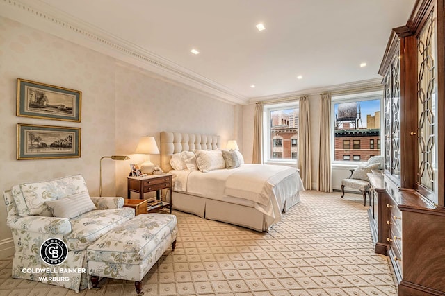bedroom featuring ornamental molding, light colored carpet, baseboards, and recessed lighting