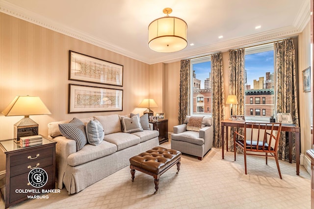 carpeted living room with crown molding and a city view