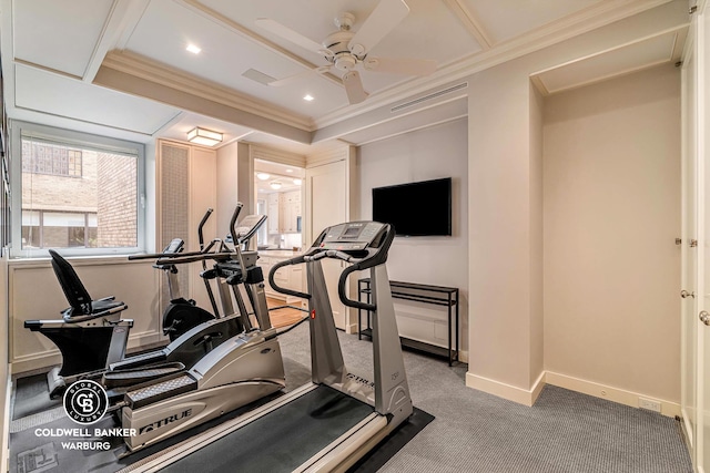 workout room with carpet, ceiling fan, crown molding, recessed lighting, and baseboards