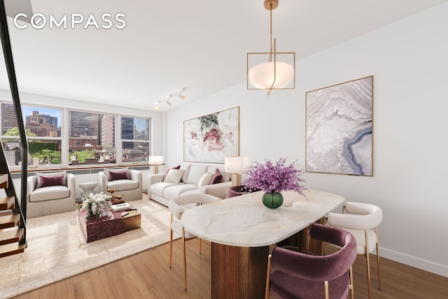 dining space with a view of city, baseboards, track lighting, and wood finished floors