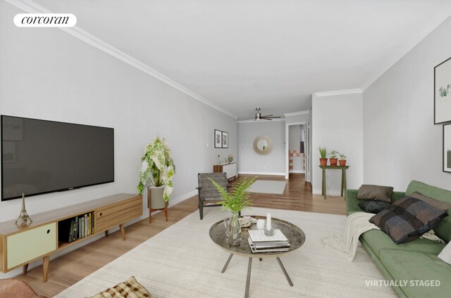 1655 Flatbush Ave Unit A602, New York City, NY 11210 - living area with wood finished floors, ceiling fan, ornamental molding, and baseboards
