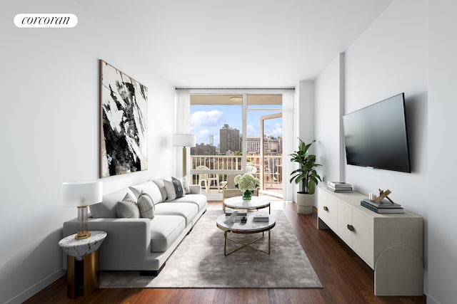 340 E 23rd St Unit 9A, New York City, NY 10010 - living room with expansive windows and dark wood-type flooring