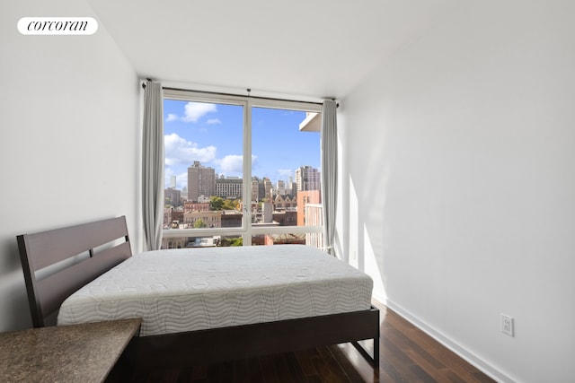 340 E 23rd St Unit 9A, New York City, NY 10010 - bedroom with a view of skyline, dark wood finished floors, and baseboards