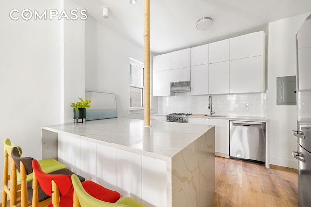 kitchen with tasteful backsplash, white cabinetry, stainless steel dishwasher, light wood finished floors, and a sink