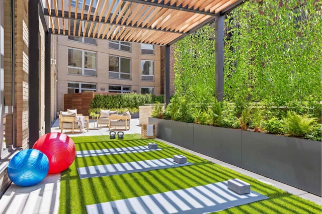 view of green lawn featuring an outdoor living space, a pergola, and a patio