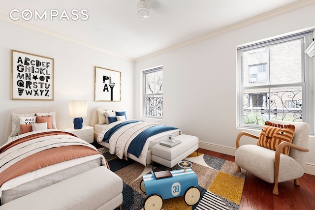 bedroom with baseboards, multiple windows, ornamental molding, and wood finished floors