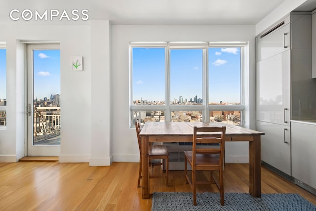 139 Skillman Ave Unit 9A, New York City, NY 11211 - dining room with light wood-type flooring, a view of city, baseboards, and plenty of natural light
