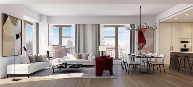 251 W 91st St Unit 16-C, New York City, NY 10024 - living room with wood finished floors, plenty of natural light, a chandelier, baseboards, and recessed lighting