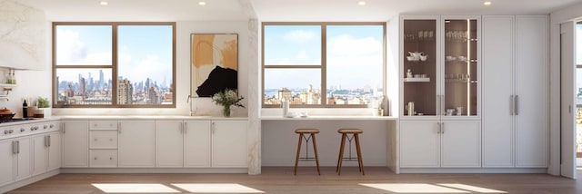 251 W 91st St Unit 16-C, New York City, NY 10024 - kitchen featuring light wood-type flooring, light countertops, white cabinetry, glass insert cabinets, and recessed lighting