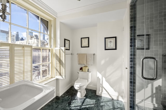 333 E 68th Street Penthouse, New York City, NY 10065 - full bath with toilet, ornamental molding, marble finish flooring, baseboards, and a city view