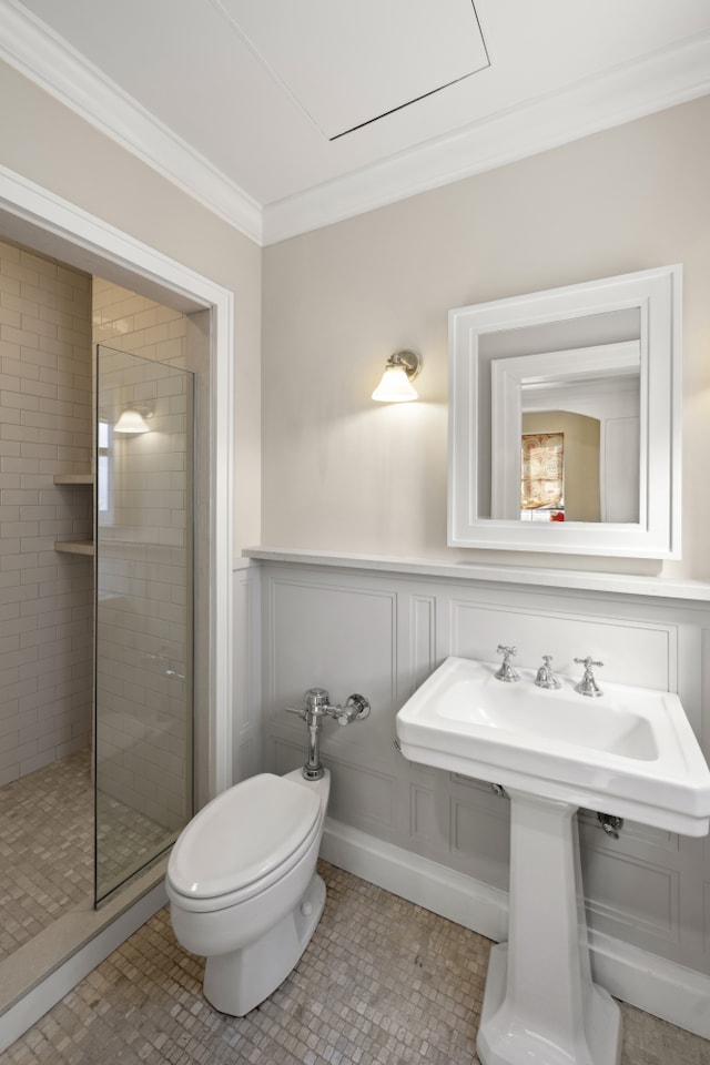 333 E 68th Street Penthouse, New York City, NY 10065 - full bathroom featuring ornamental molding, tiled shower, a decorative wall, toilet, and tile patterned flooring