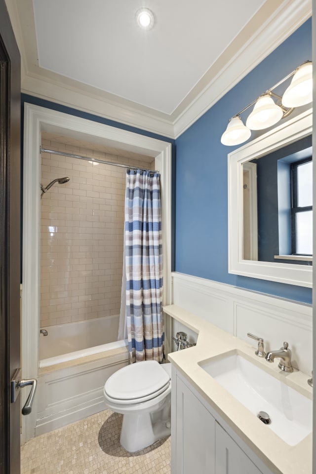 333 E 68th Street Penthouse, New York City, NY 10065 - full bathroom featuring vanity, crown molding, toilet, shower / bathtub combination with curtain, and tile patterned floors