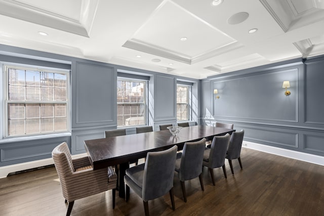333 E 68th Street Penthouse, New York City, NY 10065 - dining area with a decorative wall, dark wood-style floors, ornamental molding, and coffered ceiling