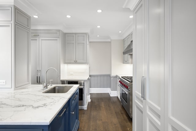 333 E 68th Street Penthouse, New York City, NY 10065 - kitchen featuring a sink, stainless steel appliances, blue cabinetry, dark wood-type flooring, and crown molding