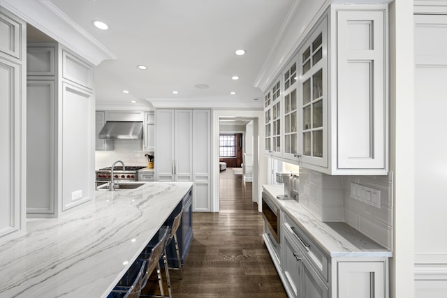 333 E 68th Street Penthouse, New York City, NY 10065 - kitchen featuring extractor fan, a sink, backsplash, dark wood-style floors, and ornamental molding