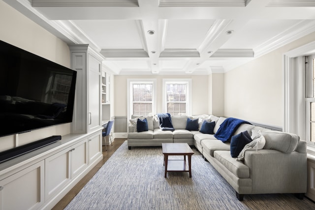 333 E 68th Street Penthouse, New York City, NY 10065 - living area featuring coffered ceiling, beam ceiling, crown molding, and dark wood-style floors