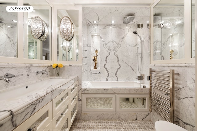 full bathroom featuring a combined bath / shower with rainfall shower, toilet, and vanity
