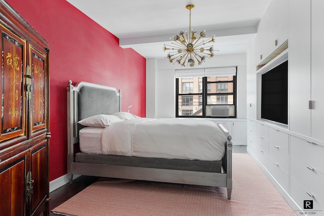 bedroom with an inviting chandelier and cooling unit