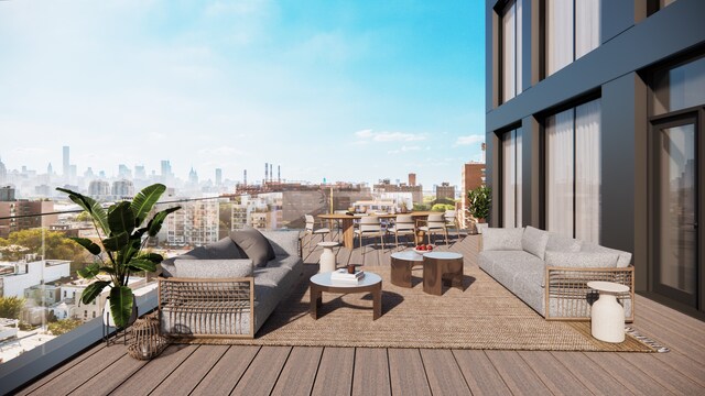 31-16 21st St Unit 3-A, New York City, NY 11106 - wooden terrace with a skyline view and an outdoor hangout area