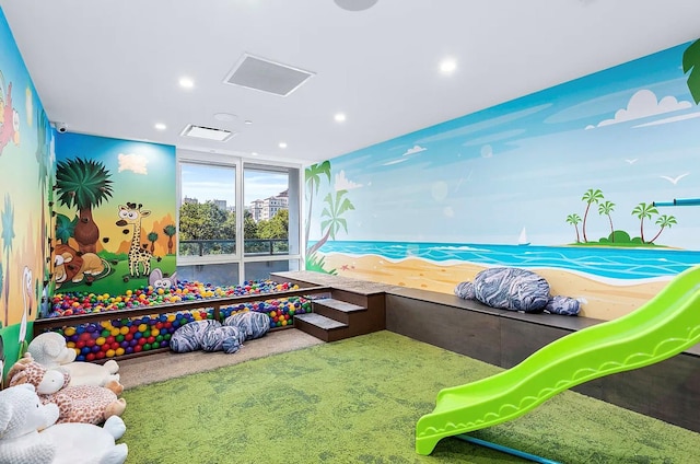 playroom featuring visible vents, carpet flooring, and recessed lighting