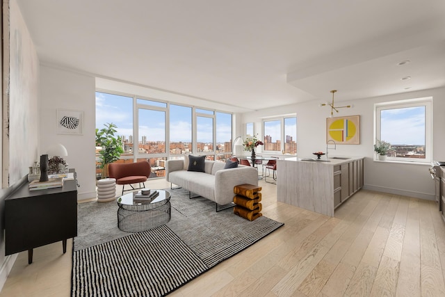 living area with light wood-style floors and baseboards