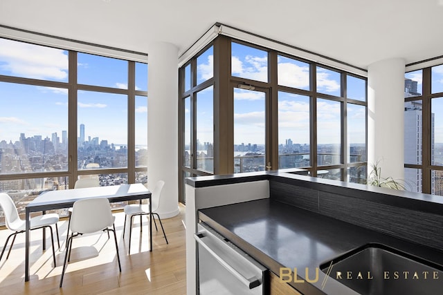 101 W 24th St Unit 37-B, New York City, NY 10011 - kitchen featuring a skyline view, expansive windows, dishwasher, light wood-type flooring, and dark countertops