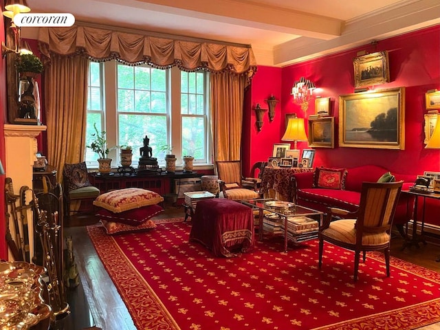 444 E 57th St Unit 5C, New York City, NY 10022 - living area with hardwood / wood-style floors, beamed ceiling, and ornamental molding