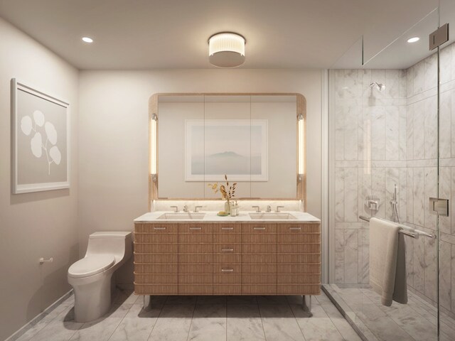 bathroom featuring a stall shower, toilet, double vanity, recessed lighting, and marble look tiles