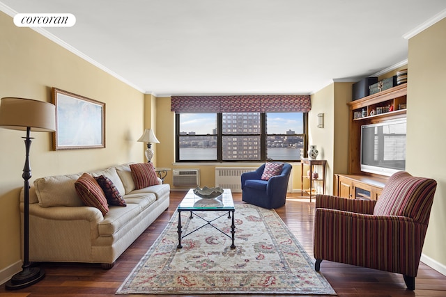 living area with ornamental molding, wood finished floors, radiator, a wall mounted air conditioner, and baseboards