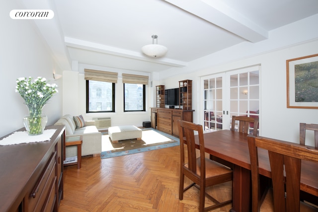 dining room with beamed ceiling, visible vents, and french doors
