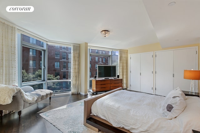 425 W 53rd St Unit 412, New York City, NY 10019 - bedroom featuring two closets, dark wood-style floors, expansive windows, and visible vents