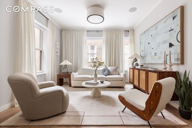 living area featuring light wood-type flooring, ornamental molding, baseboards, and a wealth of natural light