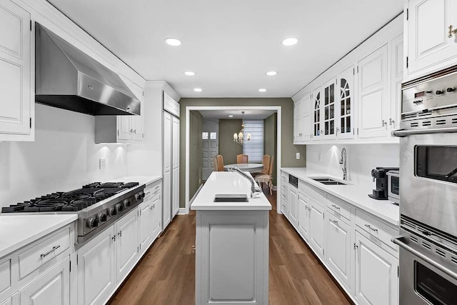 239 E 48th St, New York City, NY 10017 - kitchen featuring a sink, ventilation hood, stainless steel appliances, and white cabinetry